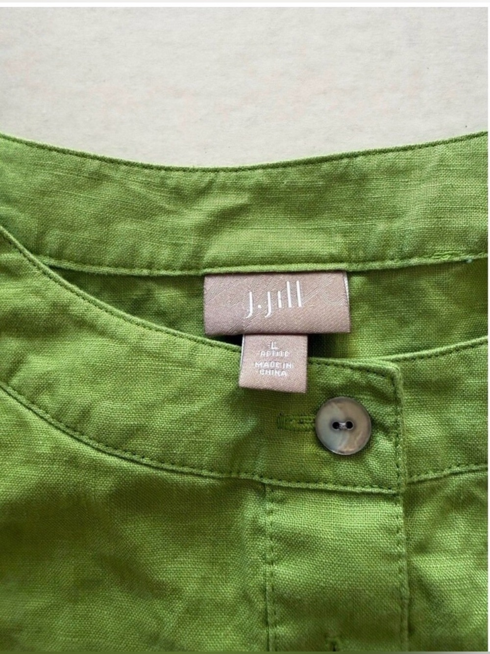 J Jill Green Linen Shift Dress L Petite 100% Linen Sleeveless Buttons Lagenlook - Picture 4 of 6